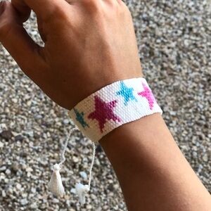 Star Miyuki Seed Beaded Bracelet - Pink and Blue with tassels